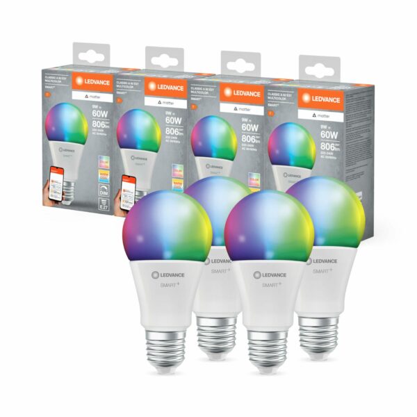 4 pak. Ledvance Pære Wifi smart & living E27 LED 9 Watt RGB & CCT Dæmpbar