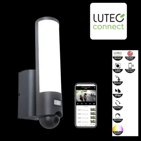 Lutec Elara udendørslampe med kamera og LED-lys i antracit