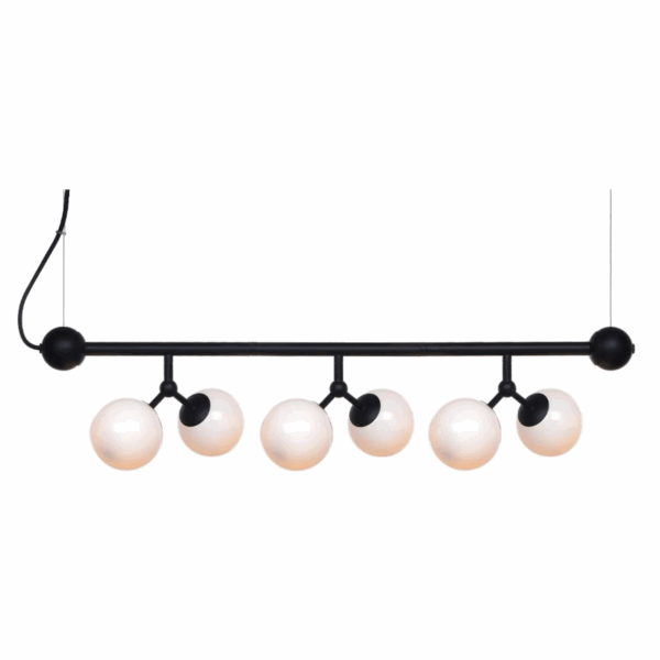 Halo Design Atom langbordspendel i sort metal med 6 opale glaskugler